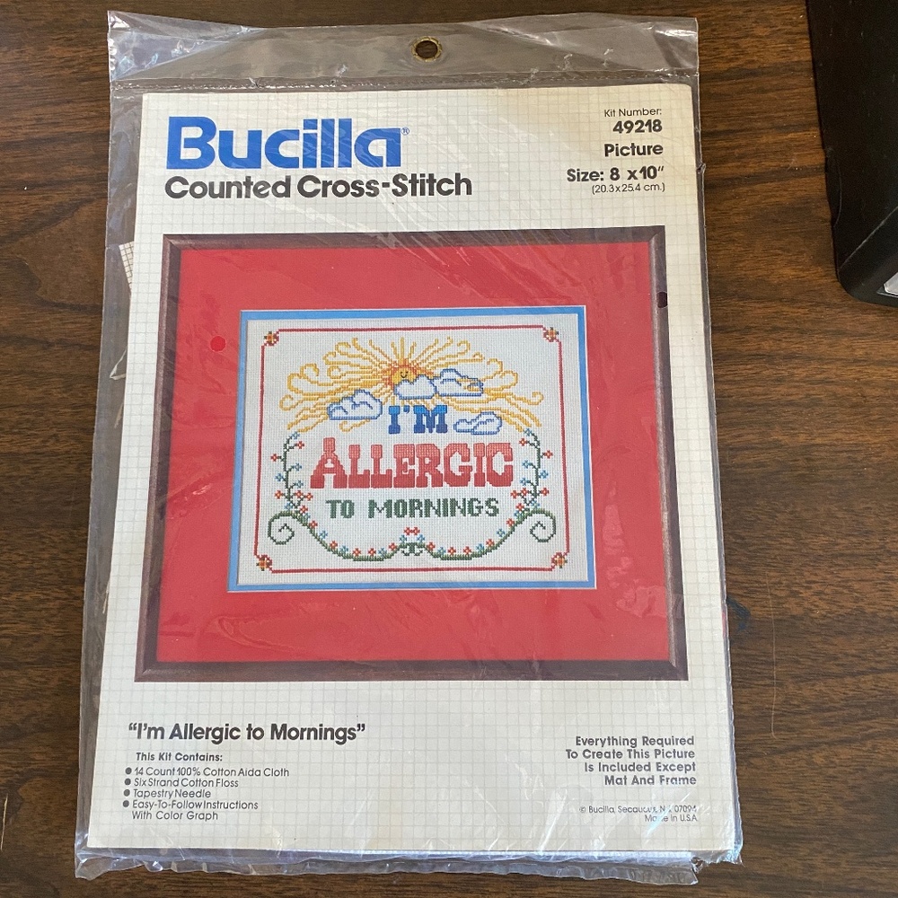 BUCILLA Cross Stitch Kit  "I'm Allergic To Mornings"  49218 Sealed Original